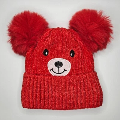 Red Kids Teddy Bear Knit Pom Pom Beanie Sherpa Lined Soft & Warm Winter Hat Gift