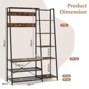 Rustic Brown Hall Tree with Storage Bench, 9 Hooks, and 5 Shelves (118x40x180cm)
