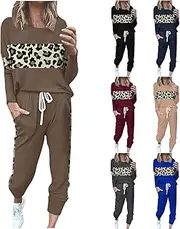 [SHOPESSA] Lounge Sets for Women 2 Piece Outfits Long Sleeve Leopard Patchwork Pants Set Long Sleeve Lounge Pants Set for Women, Coffee, S, Coffee, S