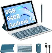 Android 14, 2 in 1 Tablet with Keyboard, 10 inch Tablets, 8GB+64GB/1TB Expand, 2.4G+5G+Wi-Fi 6, Dual Camera, 6000 mAh, BT, GMS, Games, with Case (Green)