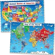 [Momo & Nashi] United States & World Map Poster for Kids - 2 Pc - 24 x 16 Inch Waterproof USA & Map of the World Poster - for Wall Posters for Learning, Classroom, Education, Back to School Resources