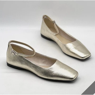 NEW Vagabond Delia Gold Leather Square Toe Ballet Flats Ankle Strap EU 39 US 9
