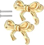FwQoFvk 2/4Pcs Bow Knobs, Gold Bow Cabinet Handle with Screws, Brass Bow Drawer Pulls, Dresser Bow Shaped Drawer Knobs, Kitchen Cabinet Knobs, Furniture Decor Accessories (2pcs)