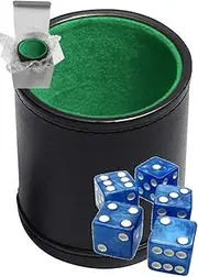 Set of 16mm Marbleized Squared Corners Dice and Black PU Leather Dice Cup Plush Velvet Lined - Gift Boxed (Blue Dice, Black/Green Cup)