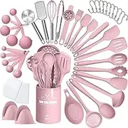 AIKKIL Silicone Cooking Kitchen Utensil Set, 43 Pcs Pink Cooking Utensils Set, Turner, Tongs, Spoon, Spatula, Kitchen Gadgets Tools Set for Nonstick Cookware, Heat Resistant (Dishwasher, BPA Free)
