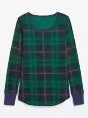 Old Navy Waffle Knit Pajama Top Women's Holiday Print XS Green Plaid Black Watch