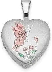 [JewelryWeb] 925 Sterling Silver Satin Holds 2 photos Enamel Butterfly Angel Wings Flowers 12mm Love Heart Locket