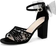 [Perphy] Lace Open Toe Bow Ankle Strap Block Heel Sandals for Women