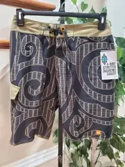 Quicksilver Men Beige & Black Polyester Pull On Stretch Swimwear Shorts Size 32