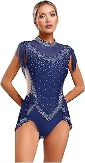[TiaoBug] Womens Rhinestones Tassel Skirted Bodysuit Competition Costume Rhythmic Gymnastics Leotards Skating Dress