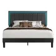 Double Black Bed Frame LED Height Adjustable Headboard