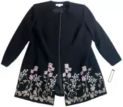 Tahari Size 14W Black Floral Embroidery Open Front Womens Fully Lined Jacket
