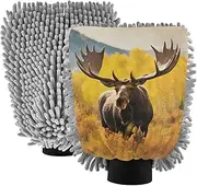 XYMZR Yellow Landscape Moose Absorbent Microfiber Car Wash Mitt, Funny Cute Anime Scratch Free for Cars Cleaning, Home Cleaning Mitts, 2 Pack, 10.24” L x 7.09” W