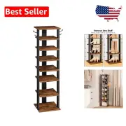 Rustic 8-Tier Vertical Shoe Rack with Hooks - Space Saving Storage Solution