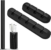 Cable Clips Cord Management Organizer, Pack of 2 Black Adhesive Cord Organizer with 19" Flexible Cable Management Sleeve, Cable Management for Organizing Home, Office, Desk, Phone, Car Cable Wires (5, 3 slots)