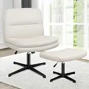 ALFORDSON Criss Cross Desk Chair with Ottoman Stool Pax Series, Cross Leg Office Chair with Mid-Back, Tilt, Height Adjust and Swivel, Armless Ergonomic Gaming Chair, 180kg Capacity, Fabric Beige
