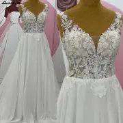 Chiffon Bridal Gowns V Neck Flowers Lace Boho Wedding Dresses A Line Formal