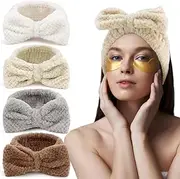AHONEY Spa Bow Headbands, Cute Makeup Spa Fuzzy Skincare Headband for Washing Face Headband for Women Girls Coral Fleece Elastic Hair Band Cosplay Makeup Party, 4Pcs