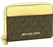 Michael Kors ZipAround Card Case Wallet Signature Brown 35H9GTVZ2B Yellow FS Y