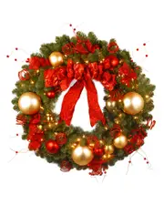 National Tree Company 36in Decorative Collection Cozy Christmas Wreath with Red and Clear Lights