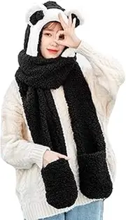 [LHY] Hats Cartoon Animal, Cute Bear Ears Cap, Winter Warm Plush Beanie, Scarf Hat Gloves Three in One, Soft Cute Warm, Suitable for Boys, Girls and Adults,Black,L