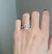 Brilliant 3 CT Emerald Cut Moissanite Hidden Halo Engagement Ring 14K White Gold