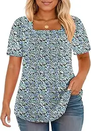 [VISLILY] Plus-Size-Womens-Summer-Tops Trendy Square Neck T Shirts Cute Flowy Pleated Tunics Casual Short Sleeve Blouses XL-5XL