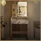 White Dressing Table Vanity Makeup Desk With LED Mirror 3 Colors Modes & Drawer