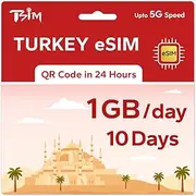 TSIM Prepaid Turkey eSIM for Travel | 10 days 1GB/day 5G Speed | Hotspot Allowed | eSIM QR Code Sent by Email within 24Hrs of Shipping | Scan QR Code and use Immediately | Data Only No Voice