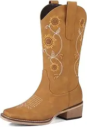 [Bybmorto] Cowboy Boots for Women - Mid Calf Western Sunflower Cowgirl Boots with Floral Embroidery, Square Toe Stitched Pull On Retro Design, Perfect for Country Idyll, Concerts and More