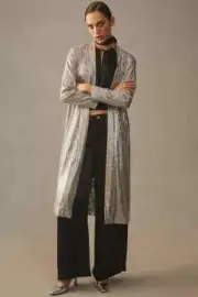 Anthropologie Mare Mare Sequin Duster Taupe Longline Jacket Cardigan Size MP NEW