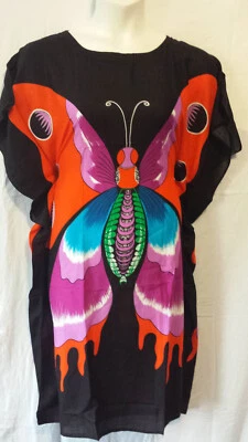 Women Ponchow Top Kaftan Dress Black Orange 100% Rayon Free Size 52" around