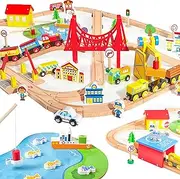 110PCS Montessori Wooden Train Set - Urban Journey, City Scene Railway Set with Magnetic Trains, Cars, Helicopter & Ship, Perfect Xmas Birthday Party Toy Gift Kids Toddlers Boys Girls Ages 3-8