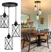Depuley Vintage Pendant Light 3-Light, Black Metal Cage Hanging Chandelier Lights with Glass Shade, E27 Industrial Style Flush Mount Swag Ceiling Lighting Fixture for Kitchen Dining Room Hallway