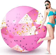 60 Inch Giant Pink Inflatable Glitter Beach Ball 5 Feet Glitter Confetti Pool Ball Swimming Pool Party Balls Pink Pool Toys for Teens Boys Girls Summer Beach Water Play Toy Swimming Pool Party Favor