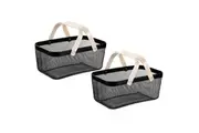 2x Boxsweden 40x25x17cm Mesh Home Storage Basket Organiser Wooden Handle Black