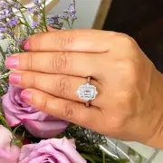 Emerald Cut Moissanite Engagement Ring Halo Style 14k Solid White Gold 2.75ctw