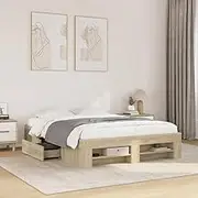 Double Size Bed Frame Without Mattress Sonoma Oak 135 x 190 cm, Engineered Wood with Slatted Base and Storage Drawers – Modern Bedroom Furniture