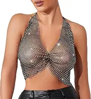 [TINAYAUE] Bling Hollow Mesh Tank Top Shiny Rhinestone Fishnet Vest Sexy Backless Halter Bikini Bra for Women Black Slim Fit Nightclub Sleeveless Chest Wrap, Black, One size