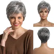 Emmor Short Grey Human Hair Wigs for Women Natural Pixie Cut Wig, Daily Hair