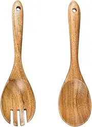 2 Pieces Wooden Salad Servers,10.2 inches Wood Serving Spoons Set Salad Mixing Dinner Fork and Spoon Long Handle Salad Tongs Kitchen Cooking Utensil Cutlery Set
