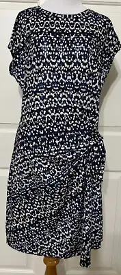 NWT Nicole Miller Size M Black Blue White cap sleeve side tie dress womens