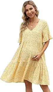 [FUNJULY] Maternity Dress Womens Casual Babydoll Dress Ruffle Lantern Sleeve V Neck Floral Printed Flowy Mini Short Tunic Dress