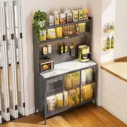 Modern Kitchen Baker's Rack with Adjustable Shelves and Stone Tabletop 5 Tier Microwave Stand with Cabinet and Pegboard Accessories Black (120cm)