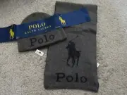 Ralph Lauren Polo Mens 2 Pc. Beanie Hat + Scarf Set Gift Box Big Pony Gray