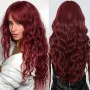 With Bangs Long Wavy Wine Red Wigs For Women Dark Red Hair Wigs Natural Synthetic Wigs Color Wigs For Girls Cosplay Party (Wine Red, 26inch)