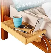 Bamboo Bedside Bed Shelf- with USB Ports to Charge Devices Powder Coated Attachable Removable Bedside Tray Table Kids Floating Nightstand Organizer for Bedrooms Side Bunk Small Spaces and Loft