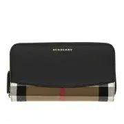 Burberry Elmore Wallet House Check Black Leather Zip Around New