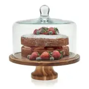 Libbey Acacia Wood Footed Round Wood Server Cake Stand with Glass Dome