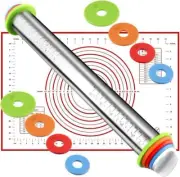 Rolling Pin and Silicone Baking Pastry Mat Set, Stainless Steel Dough Roller